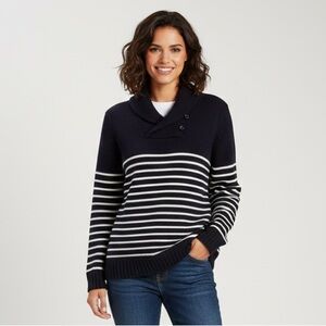 Chaps Nautical Stripe Sweater Navy White Shawl Collar Cotton Size L